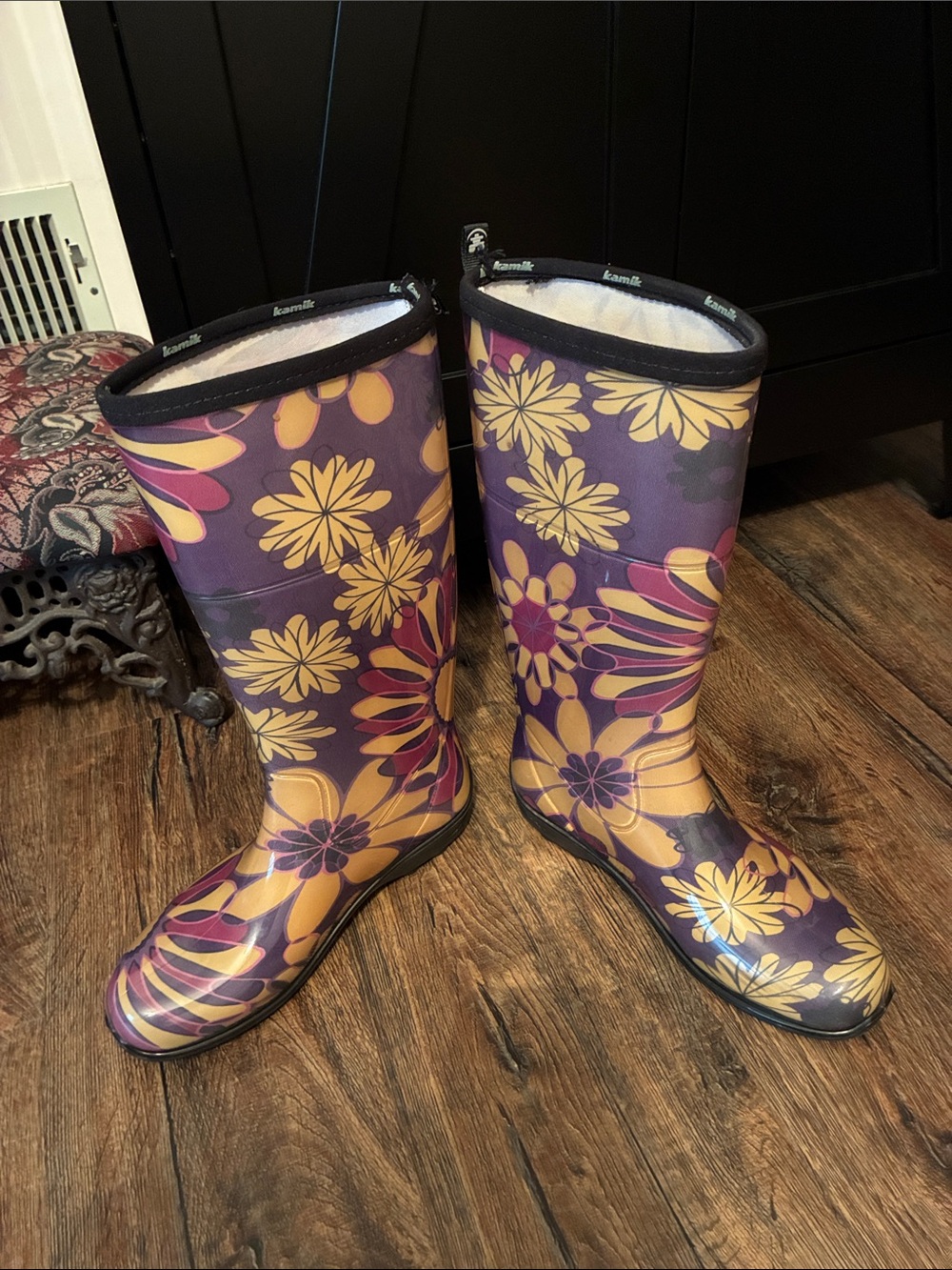 Kamik Purple Floral Waterproof Rain Boots with Yellow Accents